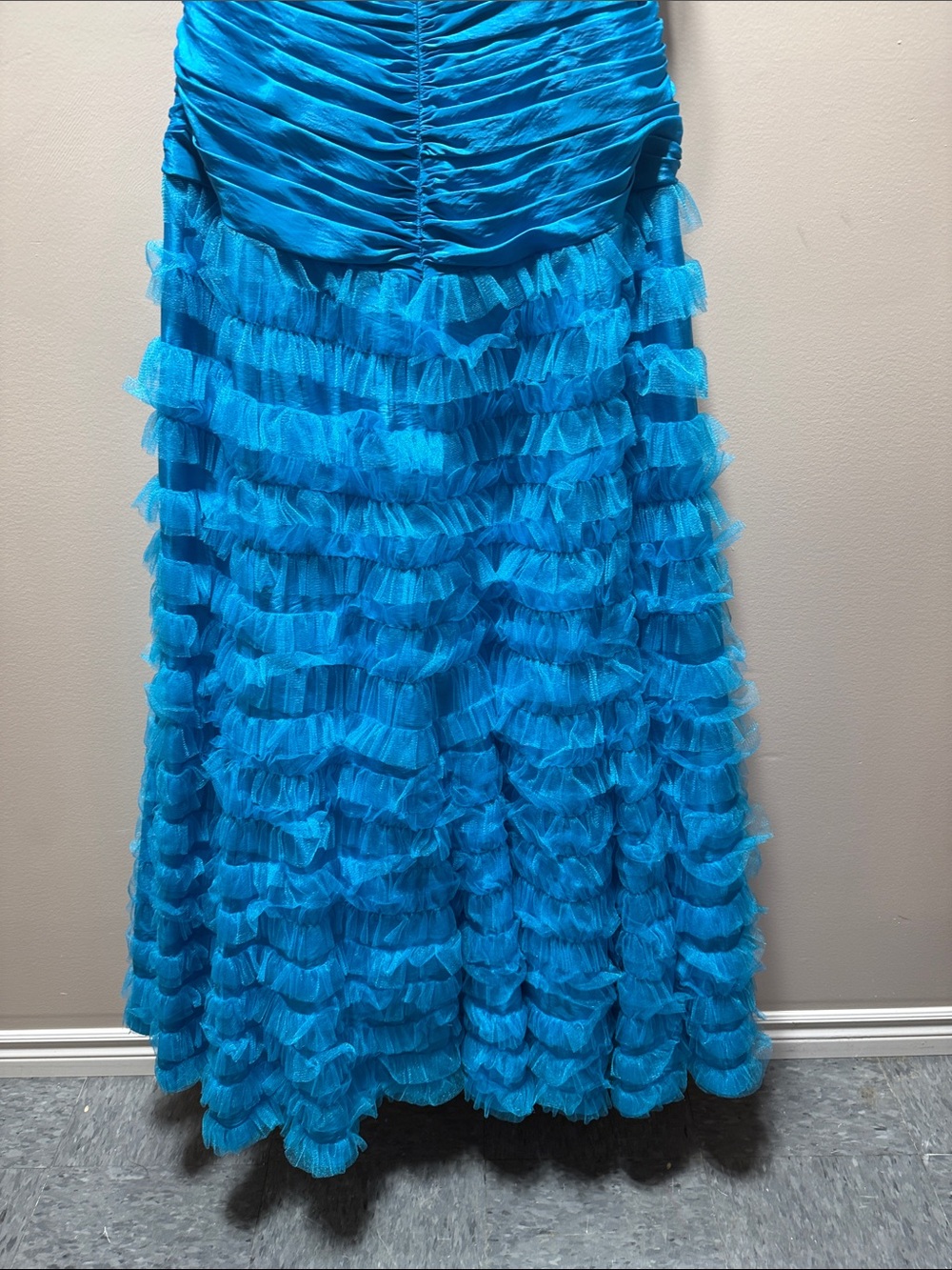 Strapless Ruffled Turquoise Evening Dress - Picture 5 of 8